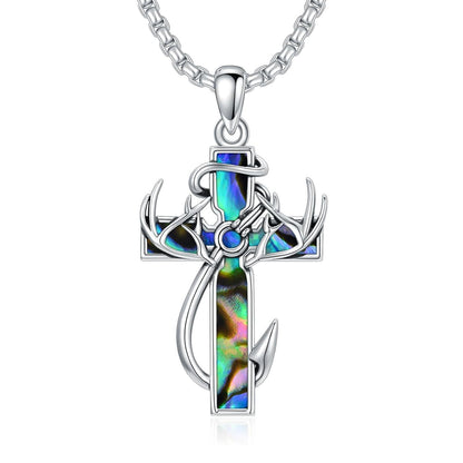 925 Silver Black Enamel Deer Antlers Cross Necklace Men