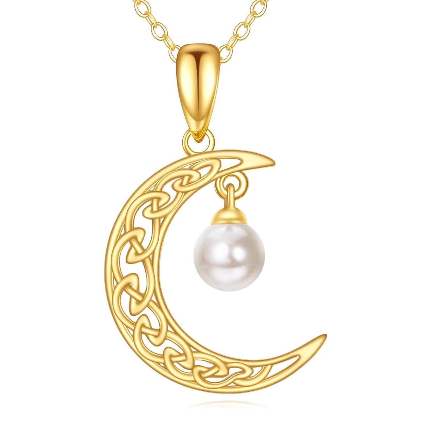 14K Gold Crescent Moon with Pearl Charm Pendant Necklace for Women