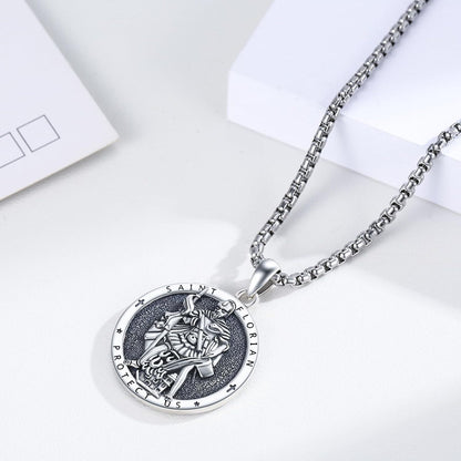 925 Silver Saint Florian Firefighter Pendant Necklace Men