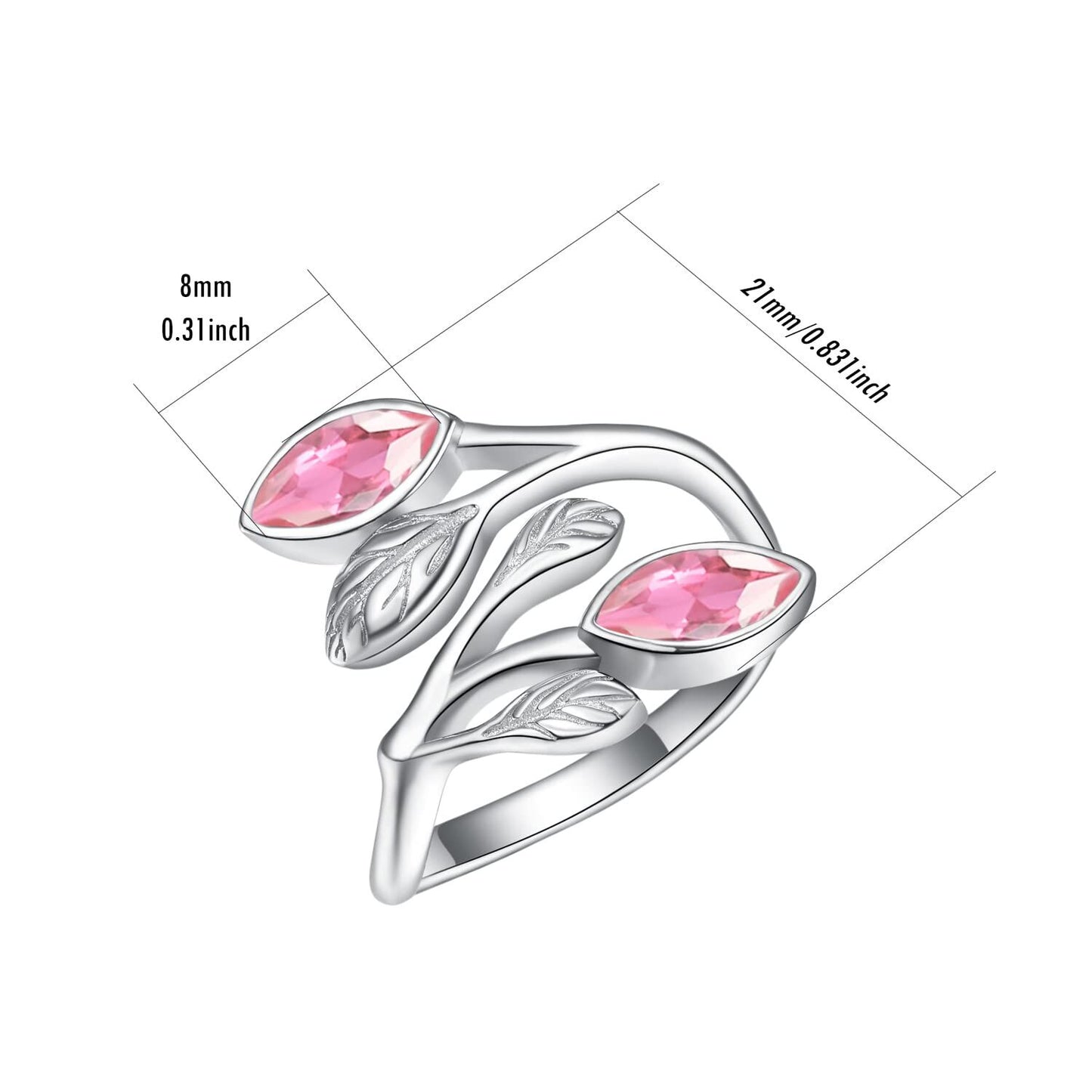 925 Sterling Silver Leaf Ring with Birthstone Adjustable Wrap Promise Engagement Wedding Rings for Women