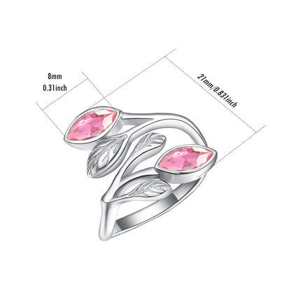 925 Sterling Silver Leaf Ring with Birthstone Adjustable Wrap Promise Engagement Wedding Rings for Women