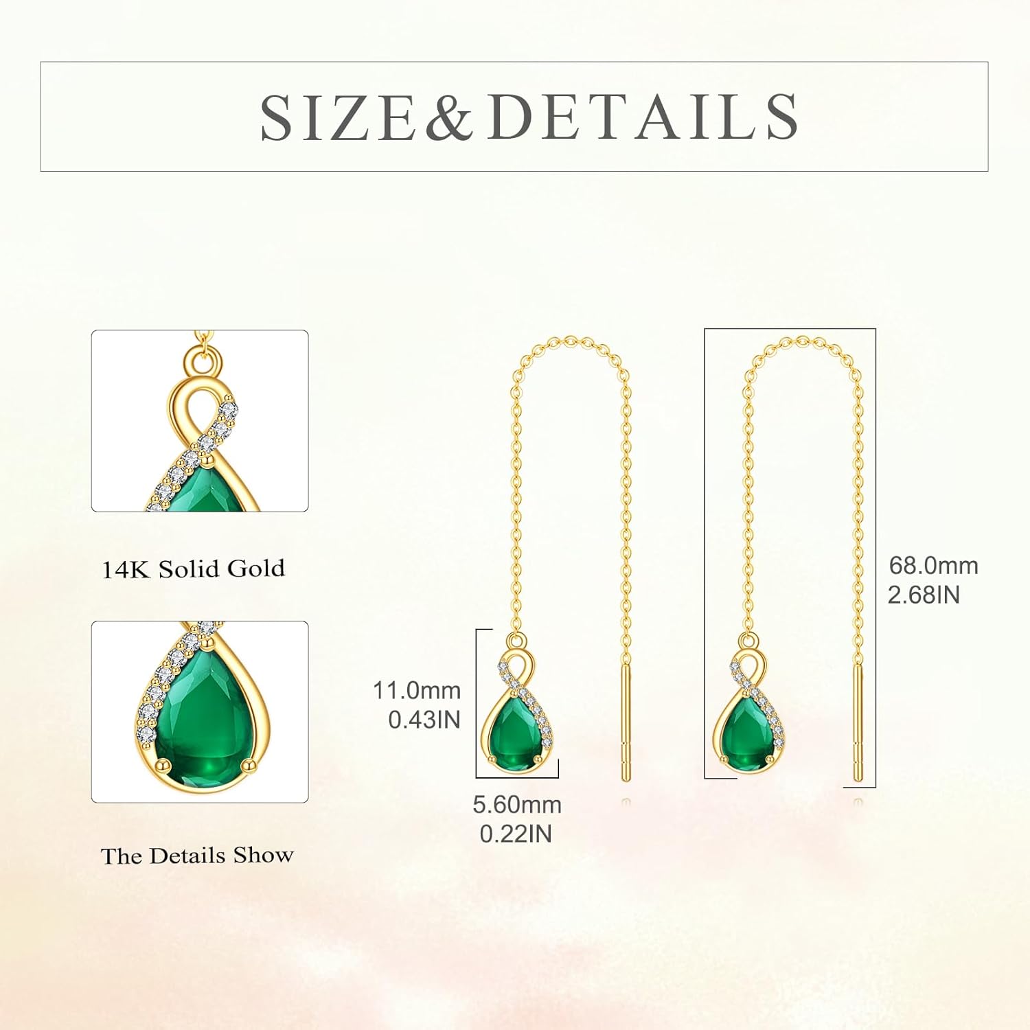 14K Gold Infinity Teardrop Emerald Threader Earrings Women