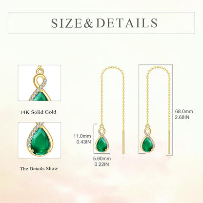 14K Gold Infinity Teardrop Emerald Threader Earrings Women