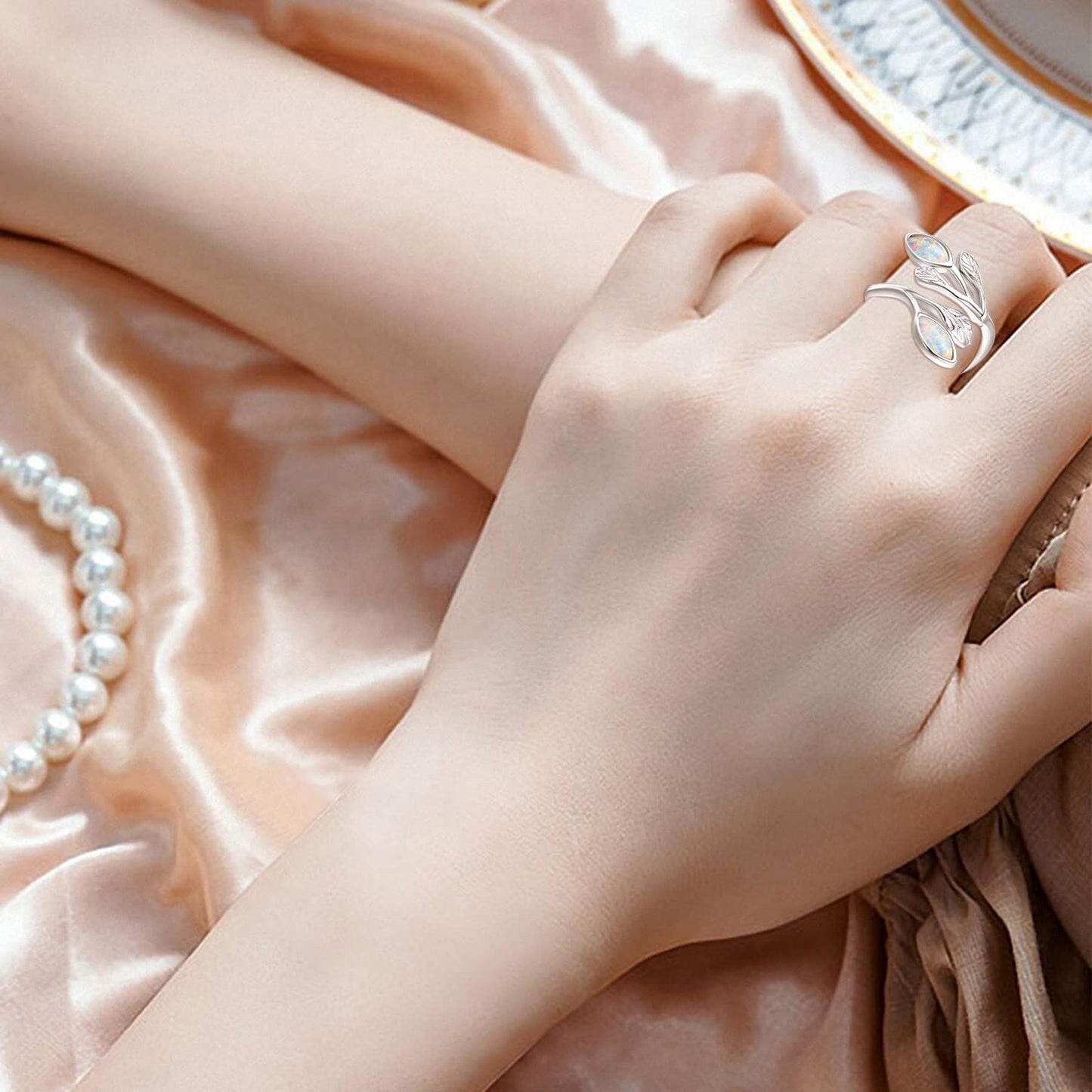 925 Sterling Silver Leaf Ring with Birthstone Adjustable Wrap Promise Engagement Wedding Rings for Women