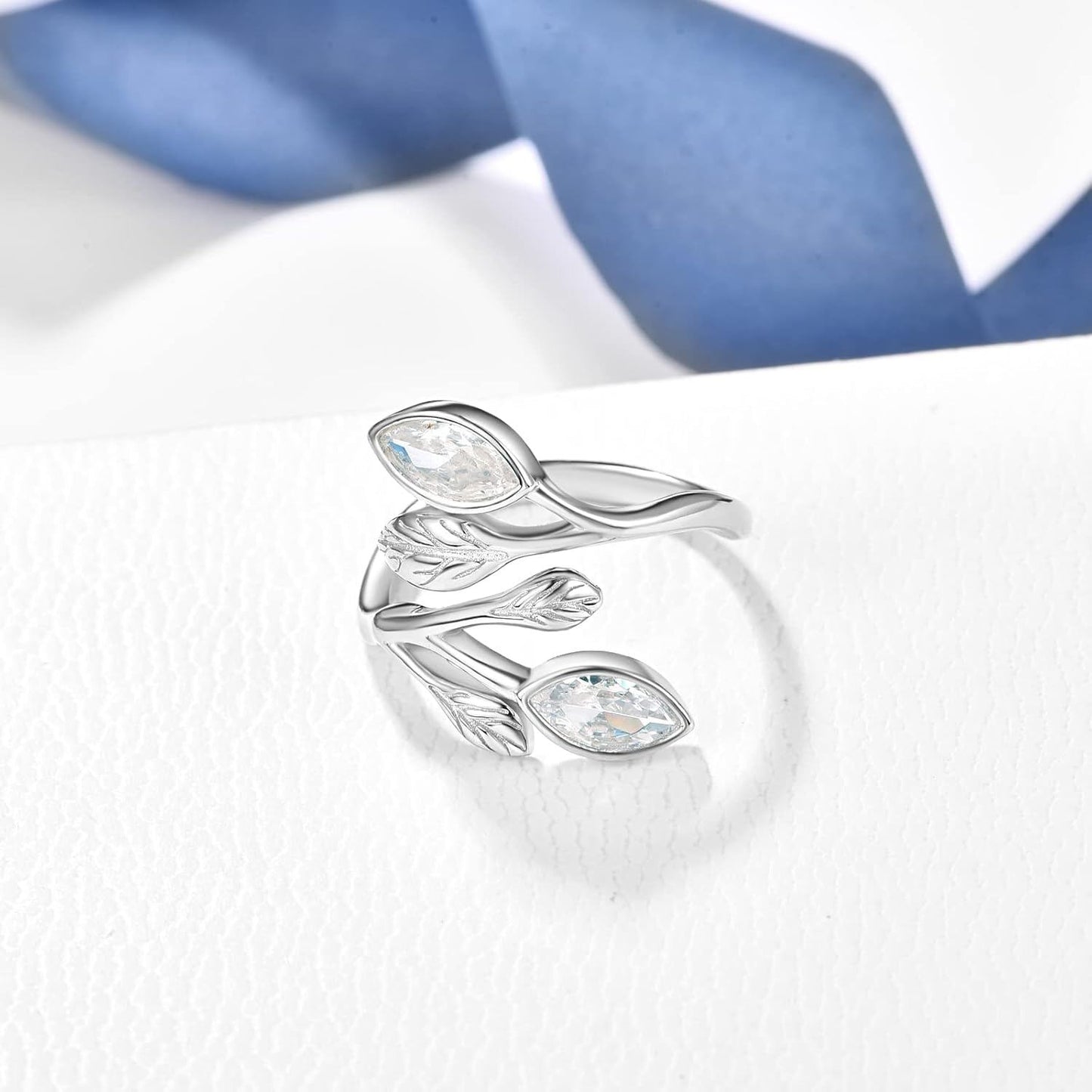 925 Sterling Silver Leaf Ring with Birthstone Adjustable Wrap Promise Engagement Wedding Rings for Women