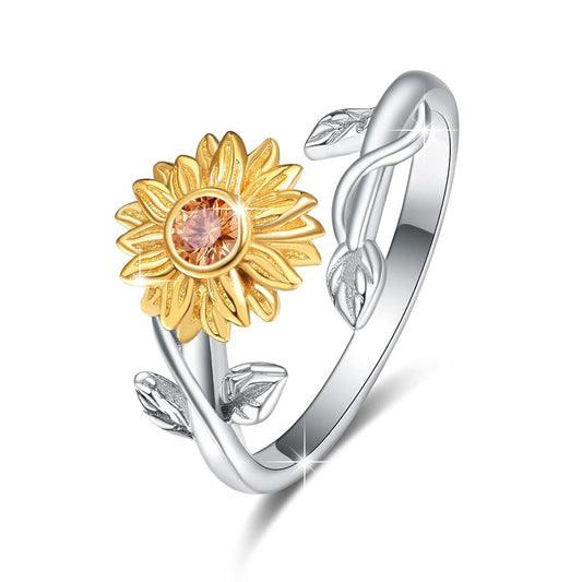 925 Sterling Silver Two-Tone Sunflower Adjustable Ring