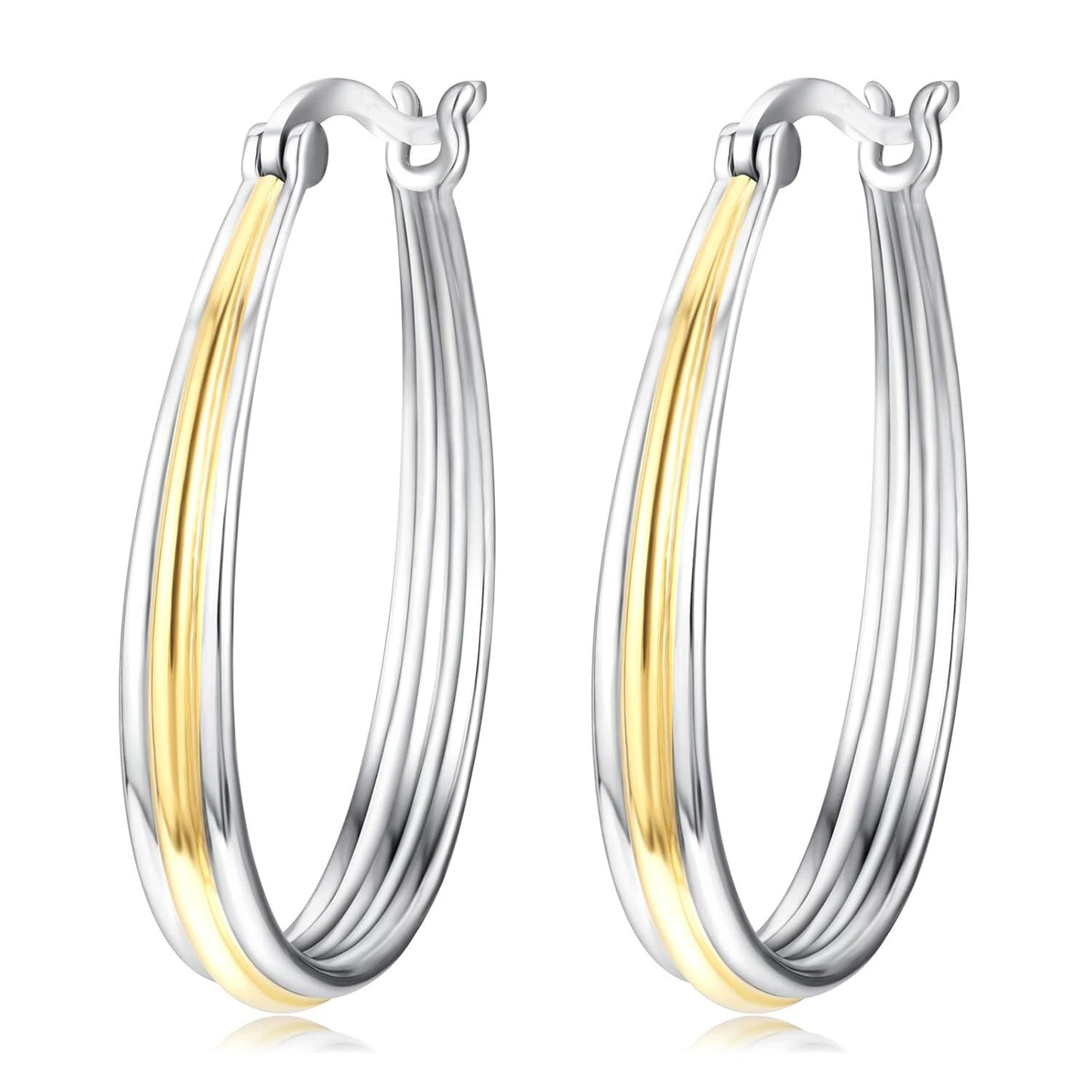 925 Sterling Silver Gold Plated Oval Grooved Hoop Earrings for Women