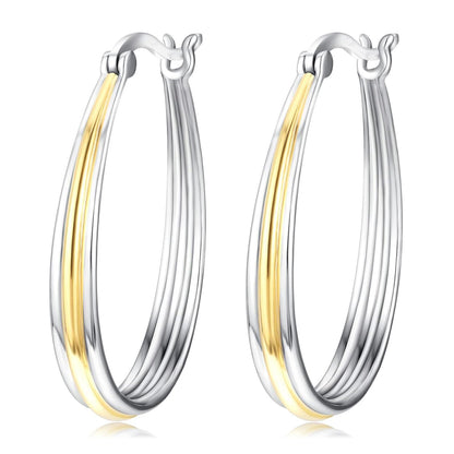 925 Sterling Silver Gold Plated Oval Grooved Hoop Earrings for Women