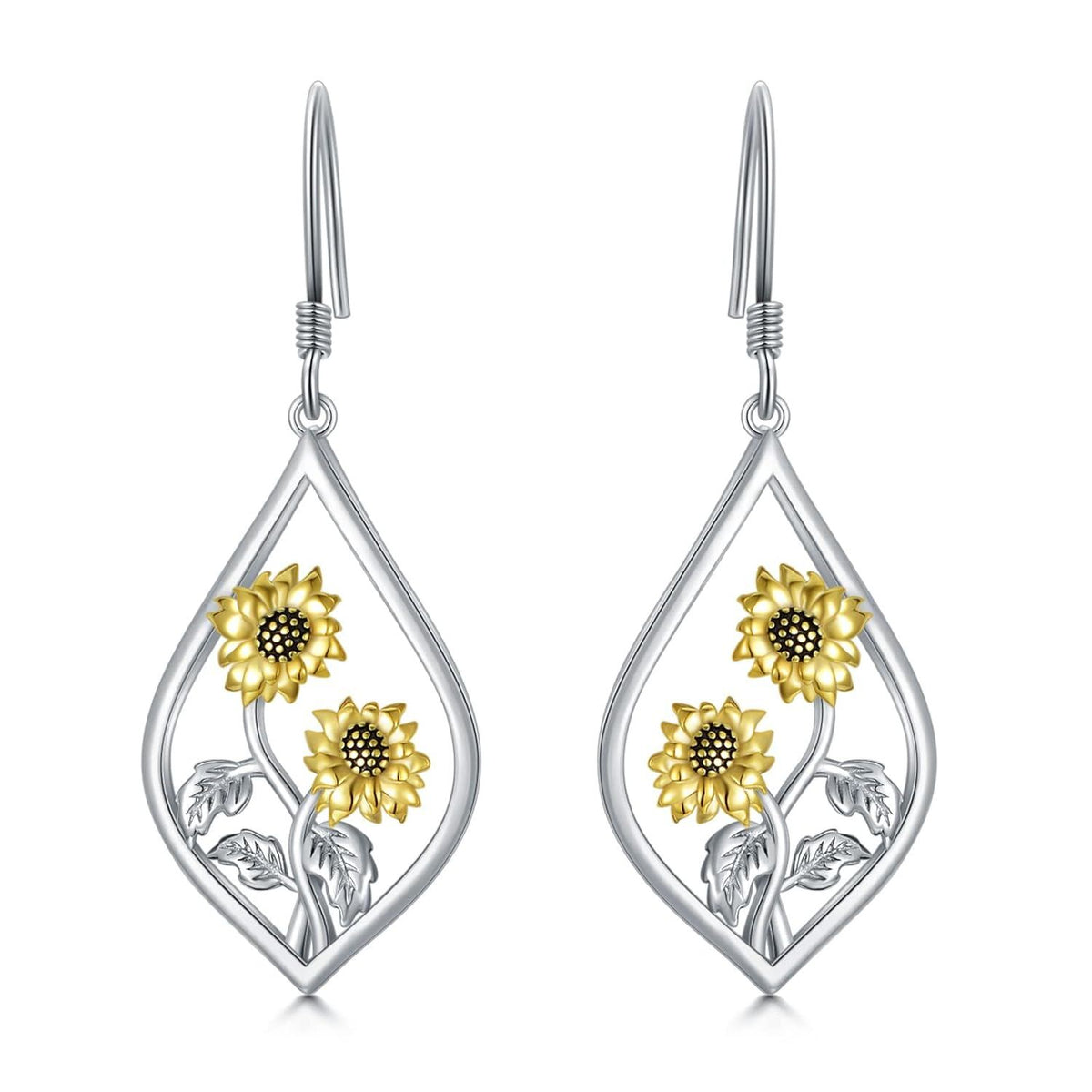 925 Sterling Silver Two-Tone Sunflower Drop Earrings