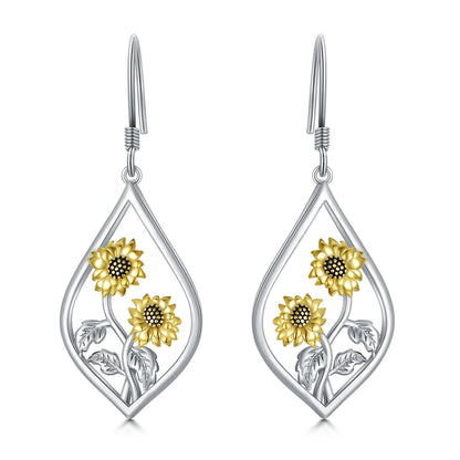 925 Sterling Silver Two-Tone Sunflower Drop Earrings