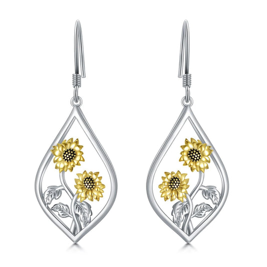 925 Sterling Silver Two-Tone Sunflower Drop Earrings