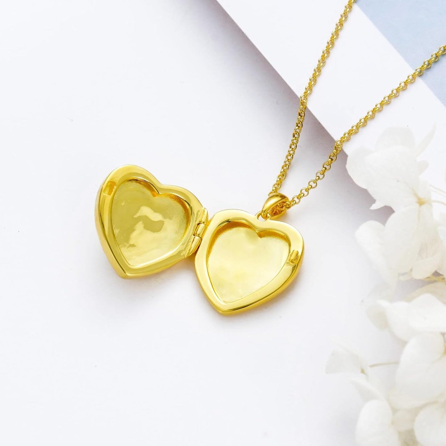 Gold 925 Silver Blue Crystal Heart Photo Locket Necklace