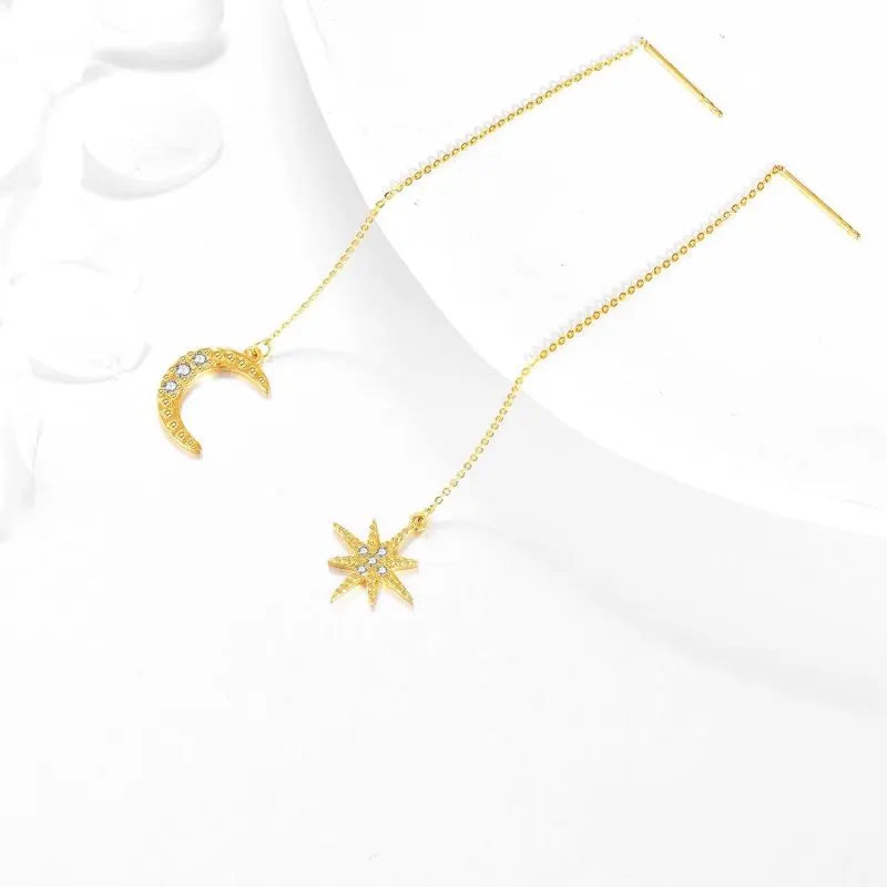 14K Gold Moon & Star Threader Drop Earrings with Crystal Accents - 2 Pairs
