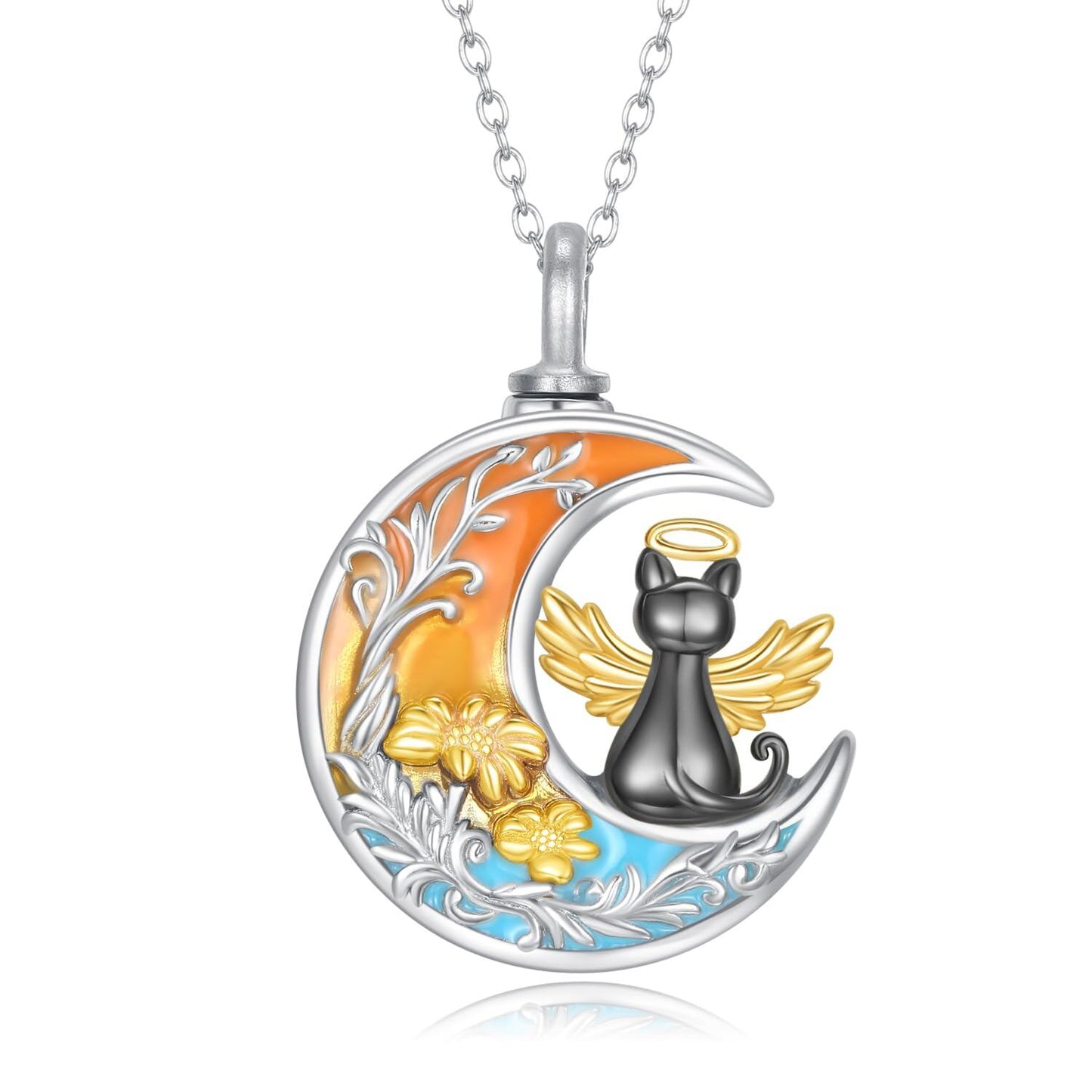 925 Silver Rainbow Moon Cat Memorial Urn Pendant Necklace