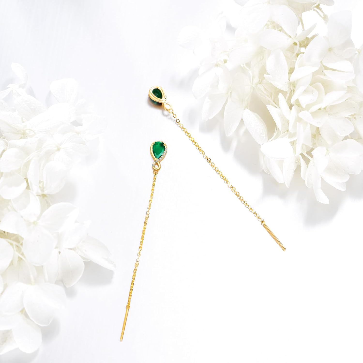 14K Gold Infinity Teardrop Emerald Threader Earrings Women
