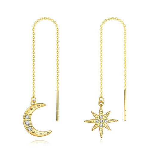 14K Gold Moon & Star Threader Drop Earrings with Crystal Accents - 2 Pairs