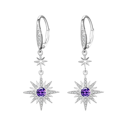 925 Sterling Silver Starburst Birthstone Drop Earrings
