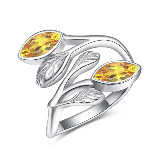 925 Sterling Silver Leaf Ring with Birthstone Adjustable Wrap Promise Engagement Wedding Rings for Women