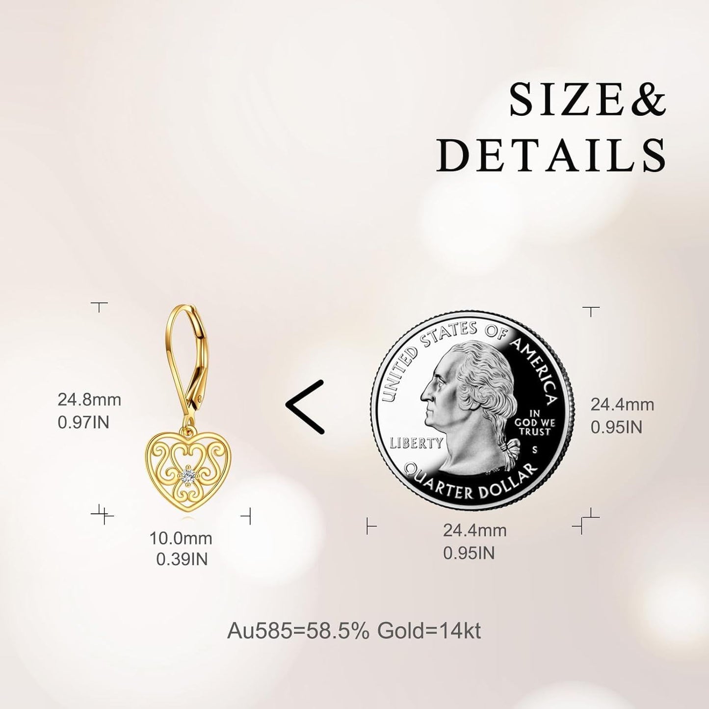 14K Gold Filigree Heart Shape Dangle Drop Leverback Earrings