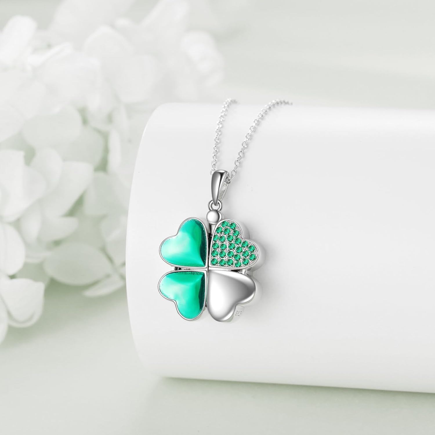 925 Silver Green Enamel CZ Four-Leaf Clover Photo Locket