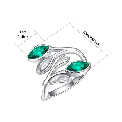 925 Sterling Silver Leaf Ring with Birthstone Adjustable Wrap Promise Engagement Wedding Rings for Women
