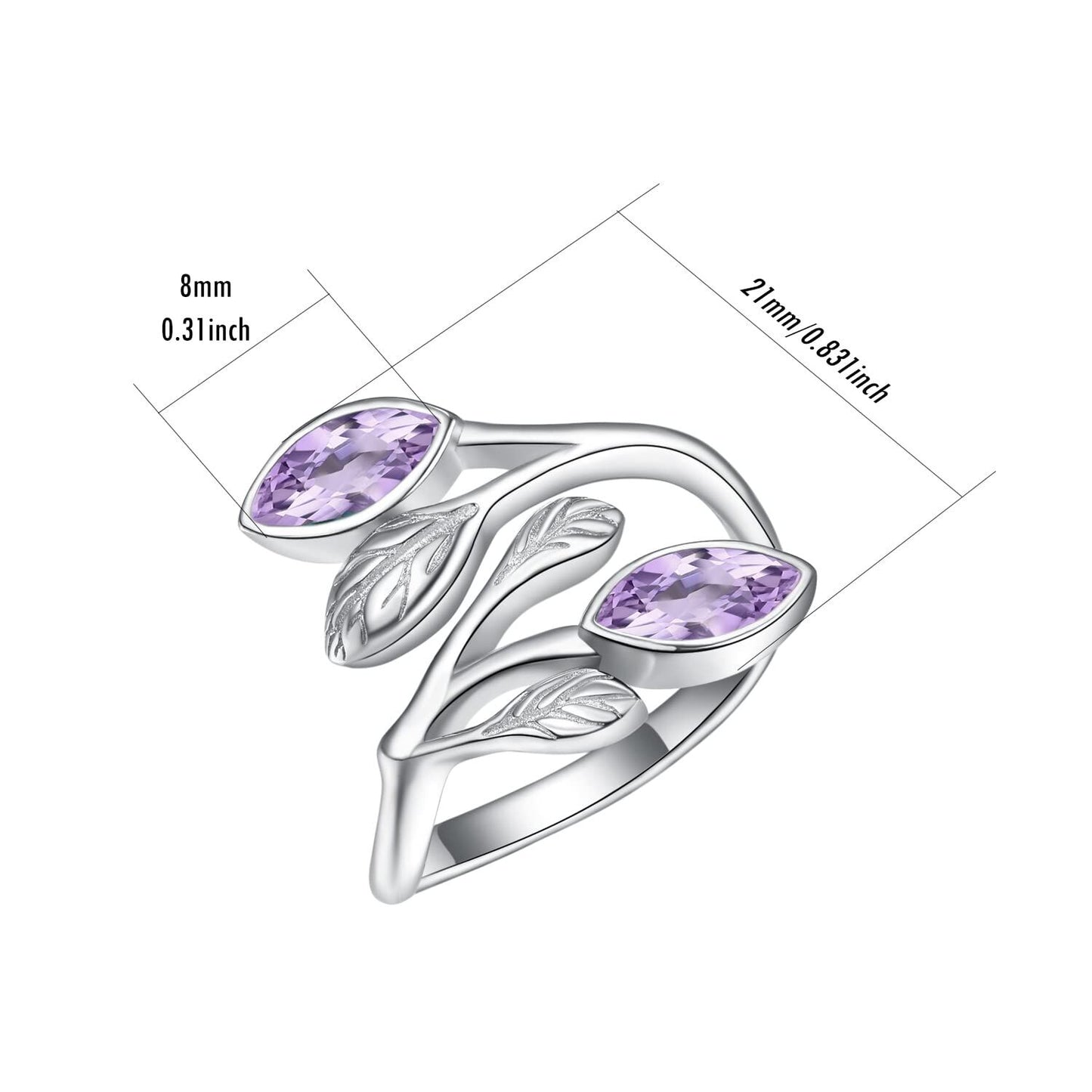 925 Sterling Silver Leaf Ring with Birthstone Adjustable Wrap Promise Engagement Wedding Rings for Women