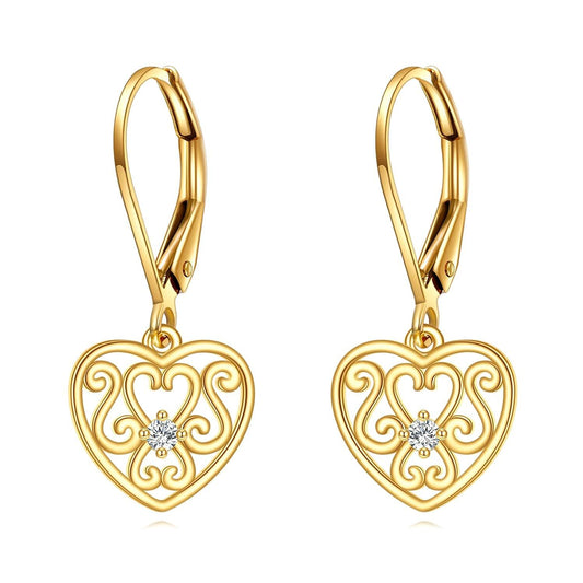 14K Gold Filigree Heart Shape Dangle Drop Leverback Earrings