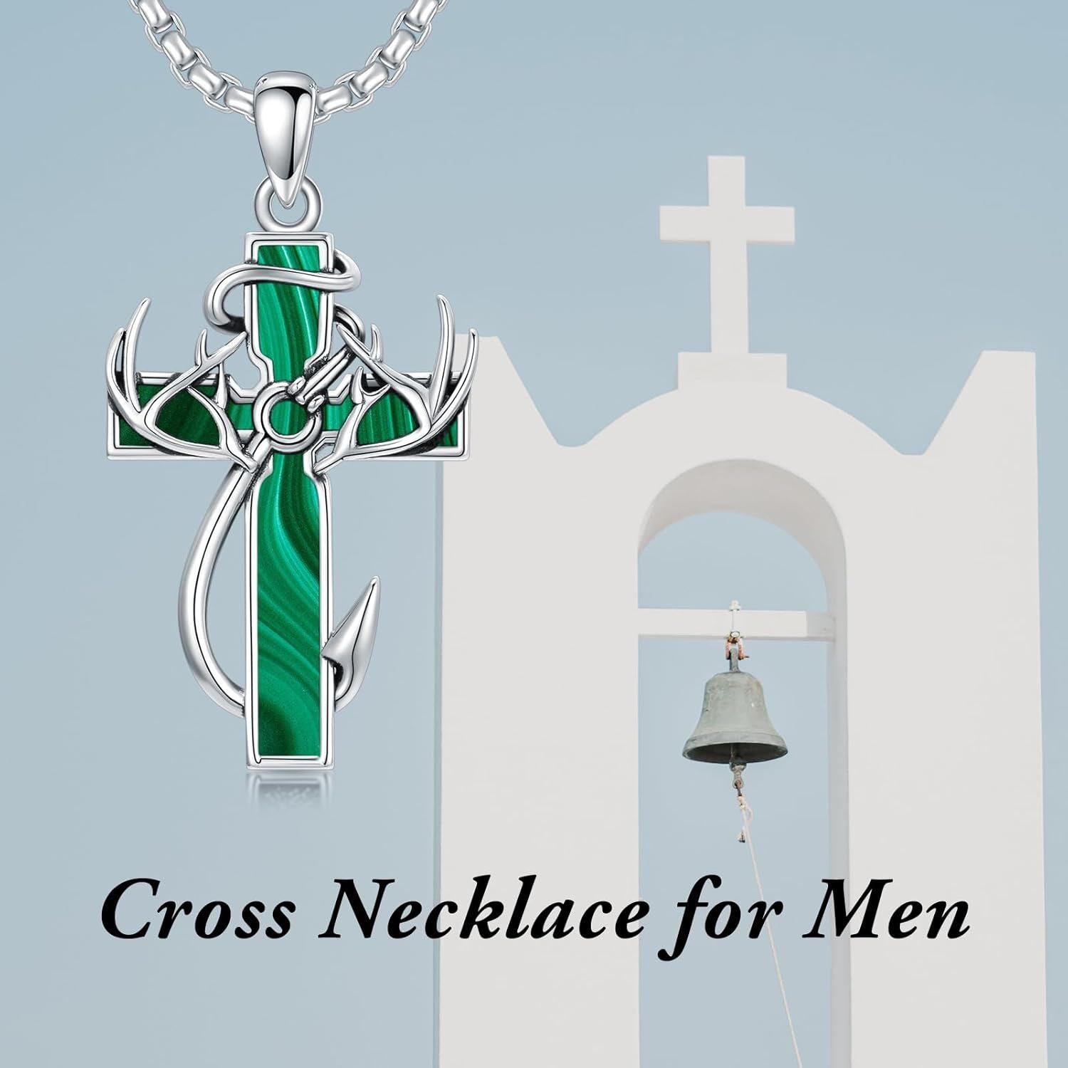 925 Silver Black Enamel Deer Antlers Cross Necklace Men