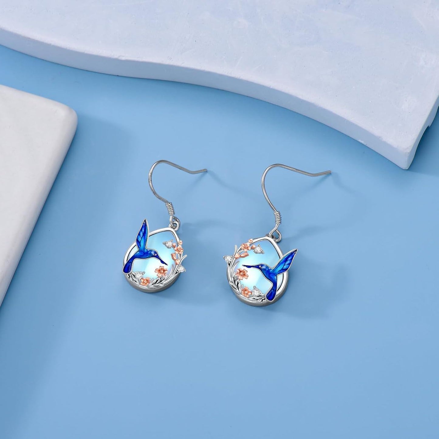 925 Silver Hummingbird Moonstone Drop Earrings Women