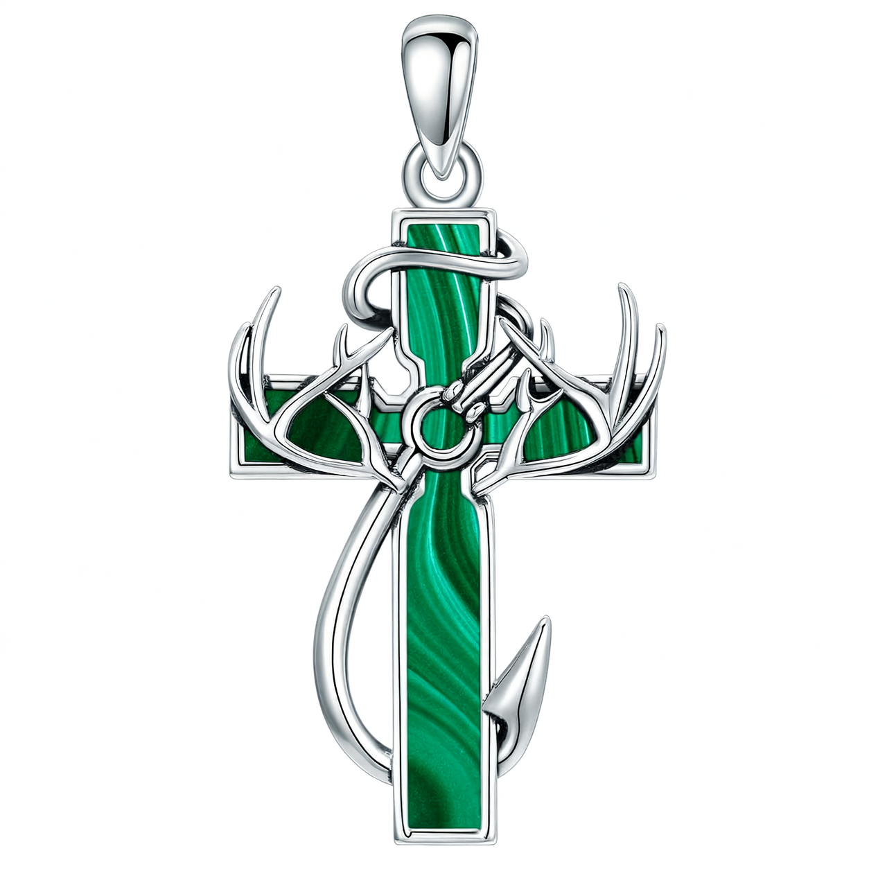 925 Silver Black Enamel Deer Antlers Cross Necklace Men