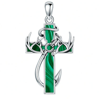 925 Silver Black Enamel Deer Antlers Cross Necklace Men