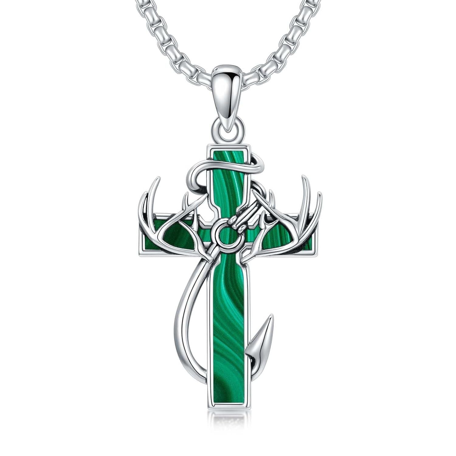 925 Silver Black Enamel Deer Antlers Cross Necklace Men