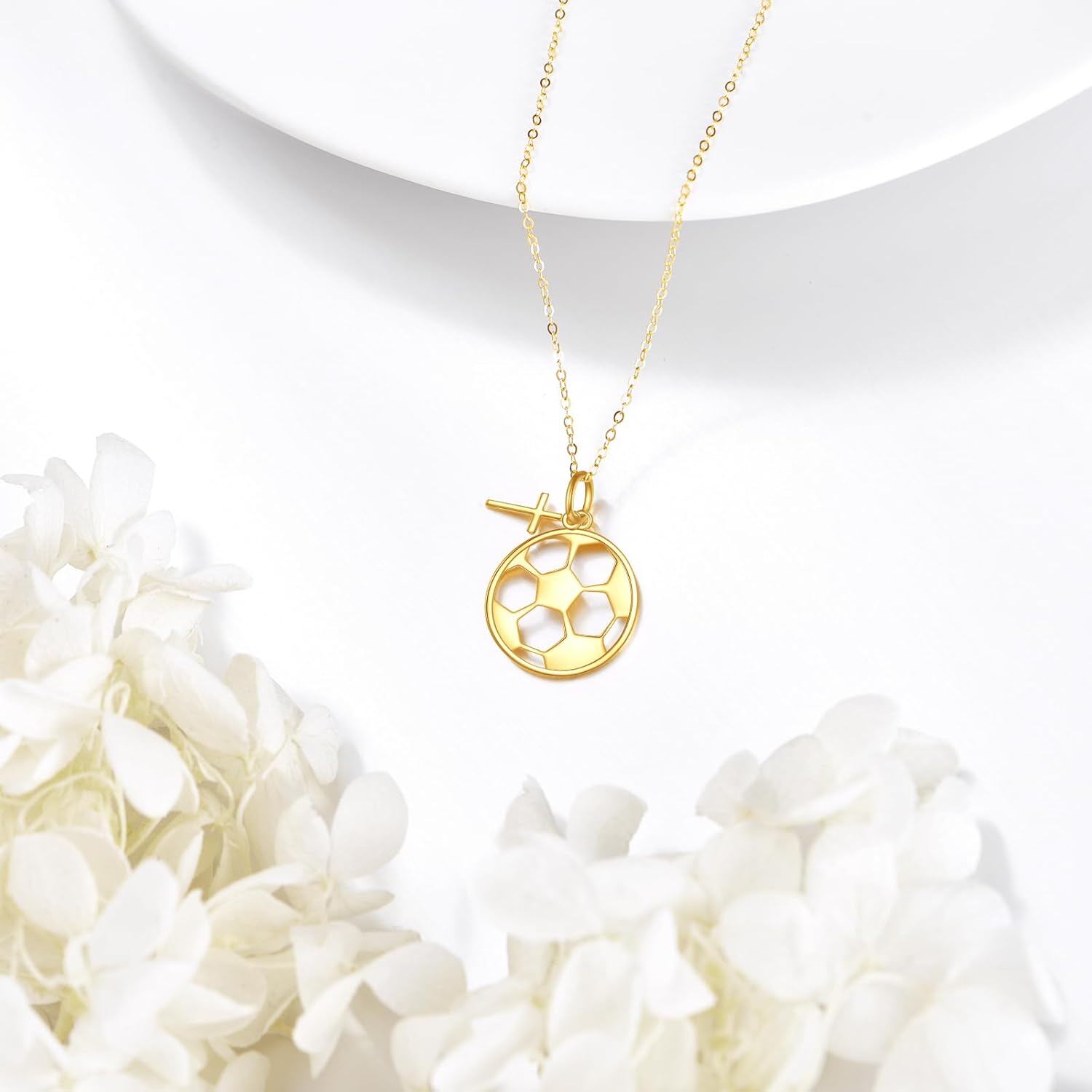 14K Gold Soccer Ball Cross Pendant Necklace Women Men
