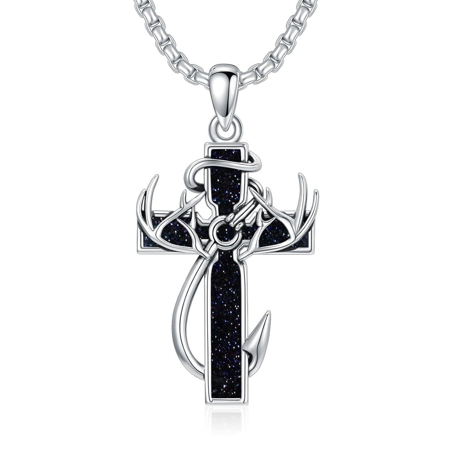925 Silver Black Enamel Deer Antlers Cross Necklace Men
