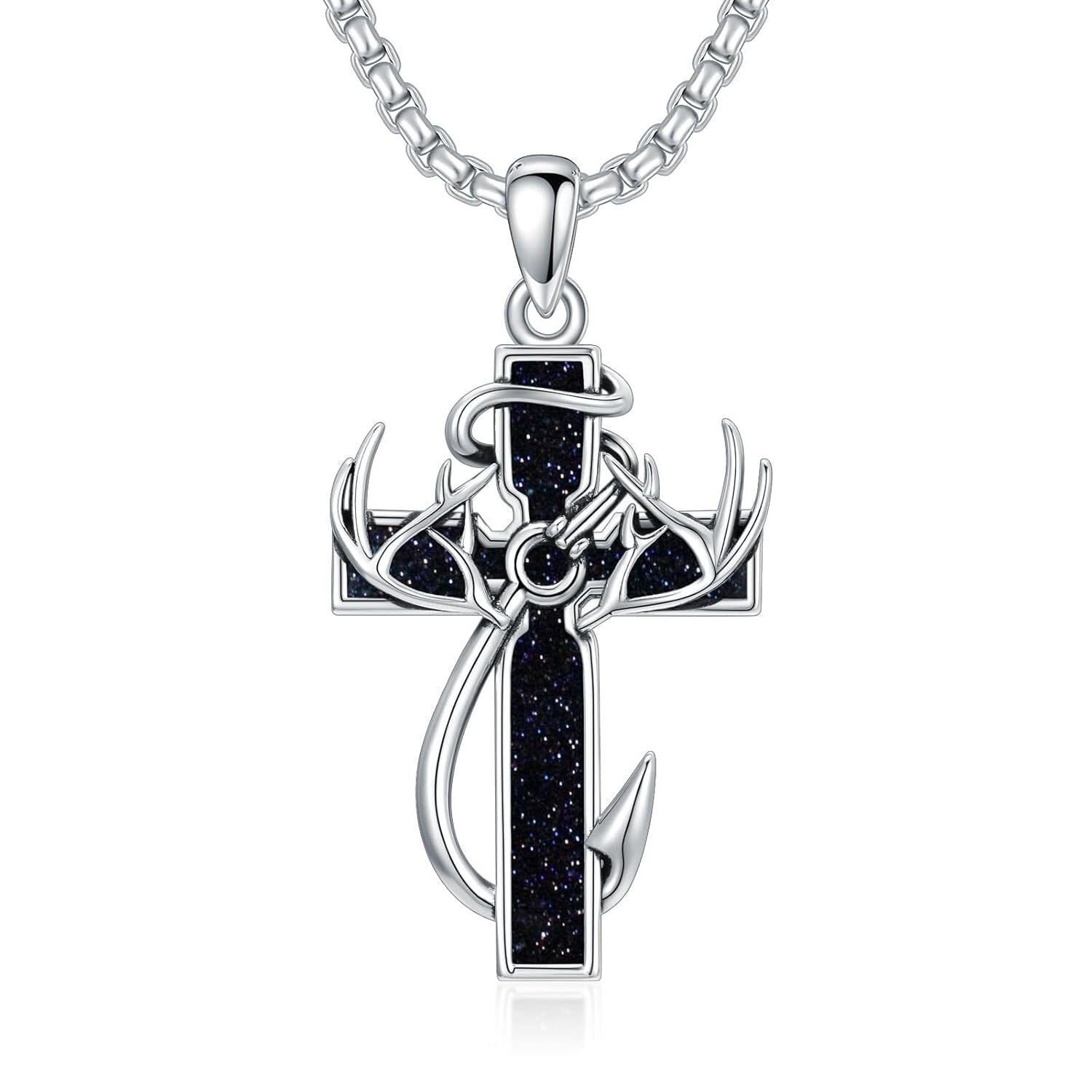 925 Silver Black Enamel Deer Antlers Cross Necklace Men