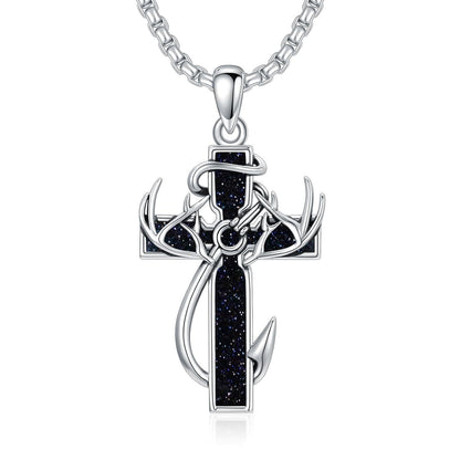 925 Silver Black Enamel Deer Antlers Cross Necklace Men
