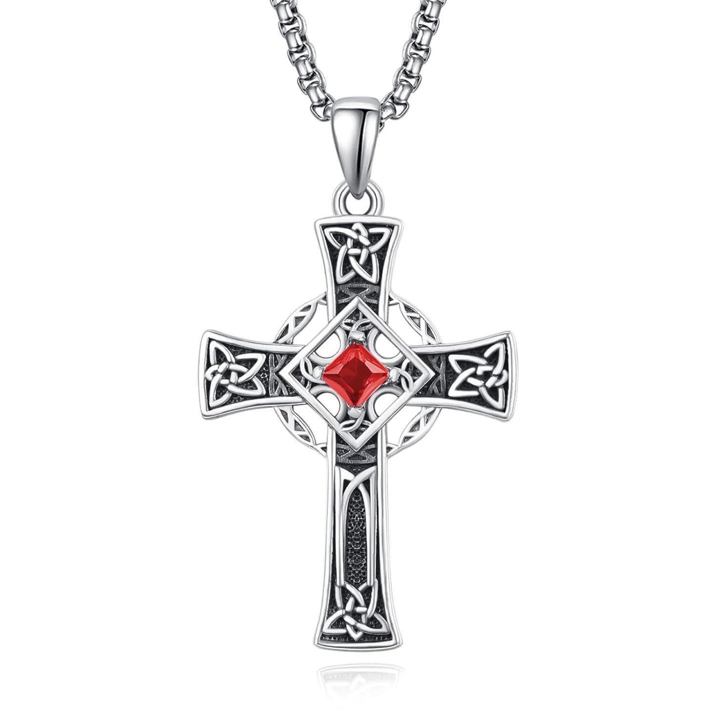 925 Silver Garnet Celtic Cross Necklace Men 22 Inch Chain