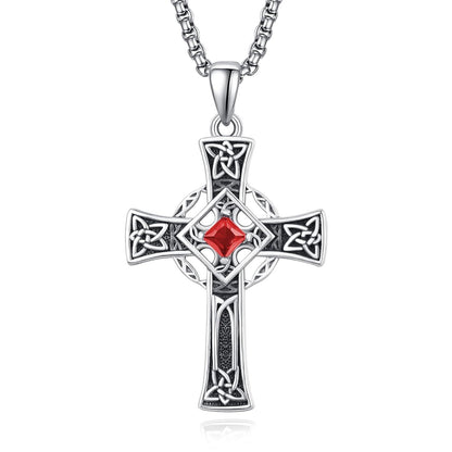 925 Silver Garnet Celtic Cross Necklace Men 22 Inch Chain