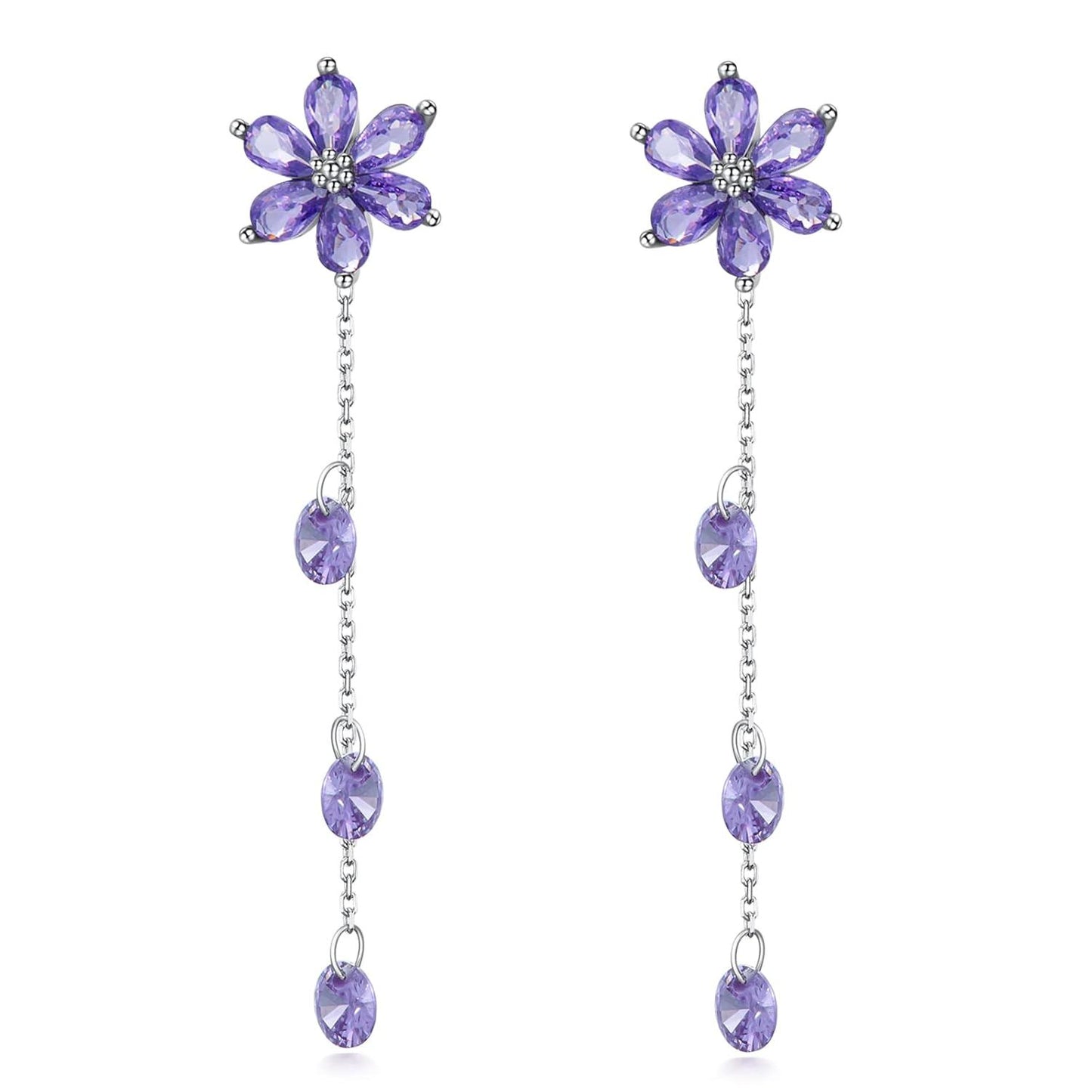 925 Silver Cubic Zirconia Drop Earrings Pink Flowers