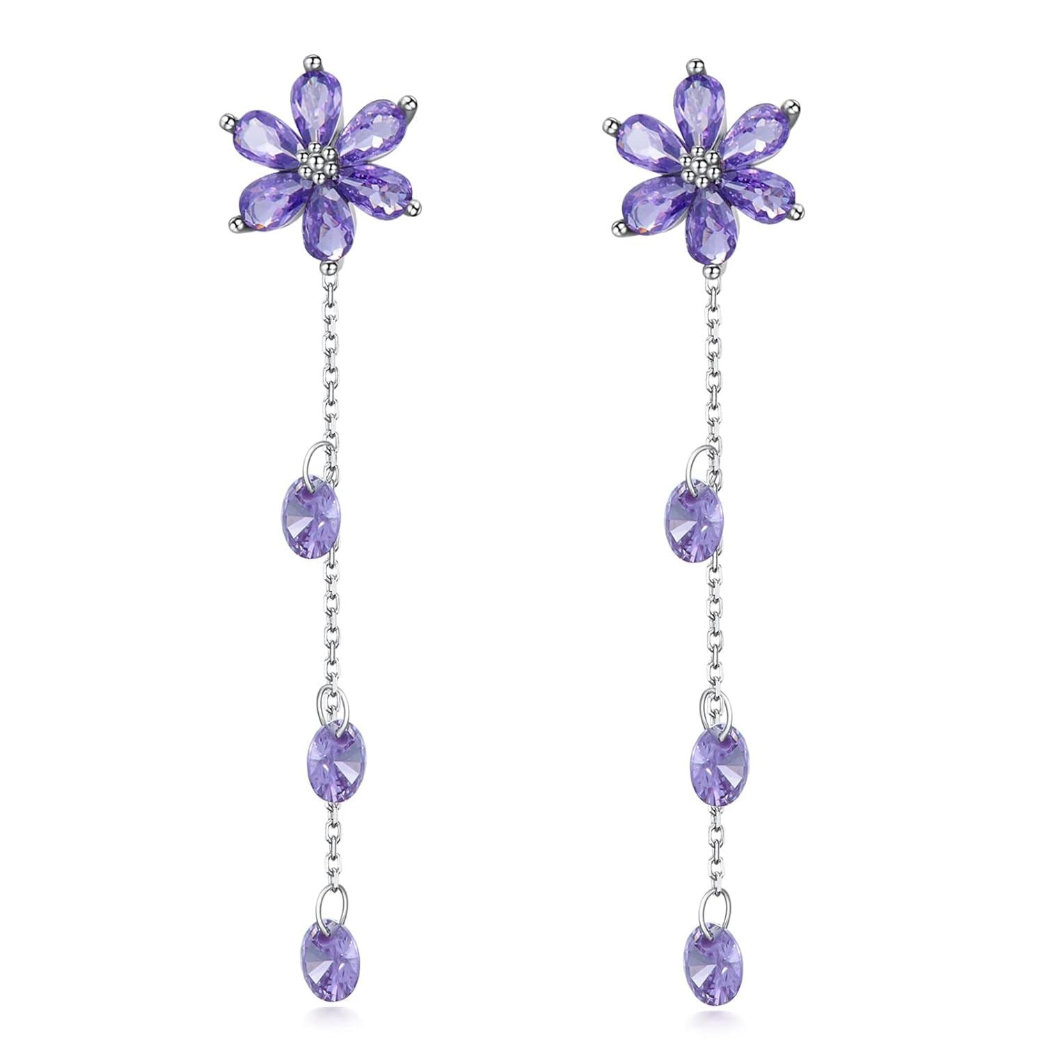 925 Silver Cubic Zirconia Drop Earrings Pink Flowers
