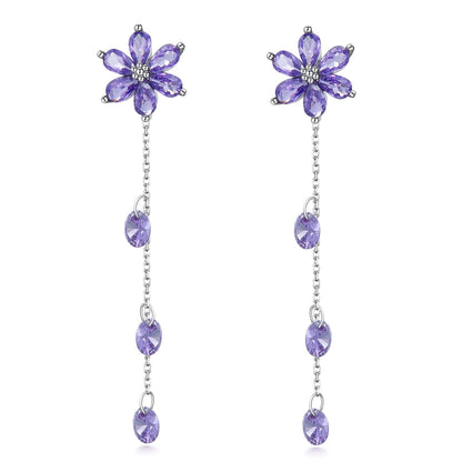 925 Silver Cubic Zirconia Drop Earrings Pink Flowers