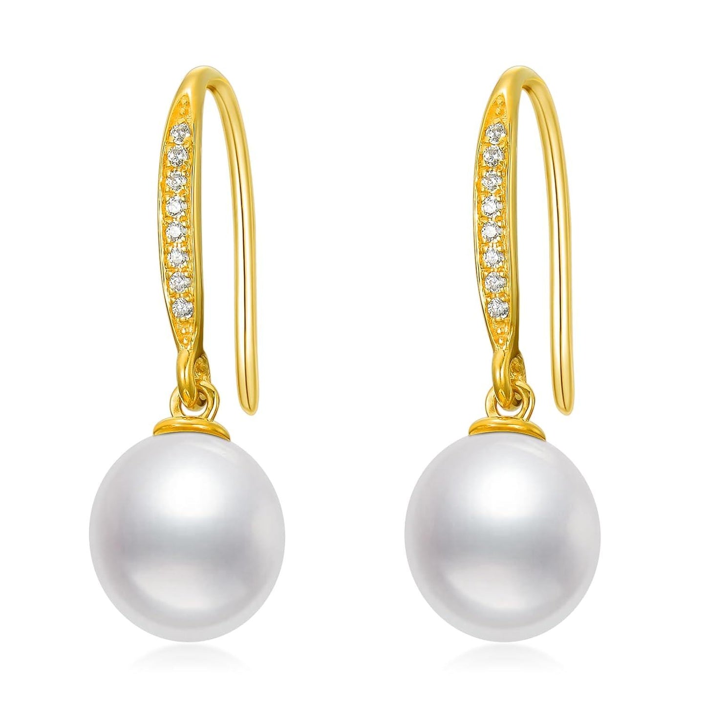 14K Gold White Freshwater Pearl Drop Earrings with Diamonds