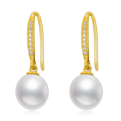 14K Gold White Freshwater Pearl Drop Earrings with Diamonds