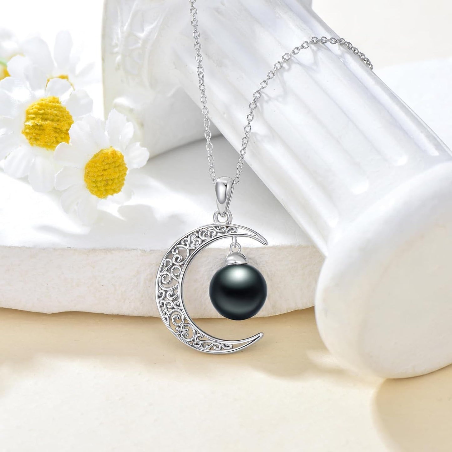 925 Silver Crescent Moon Black Pearl Pendant Necklace Her