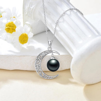 925 Silver Crescent Moon Black Pearl Pendant Necklace Her