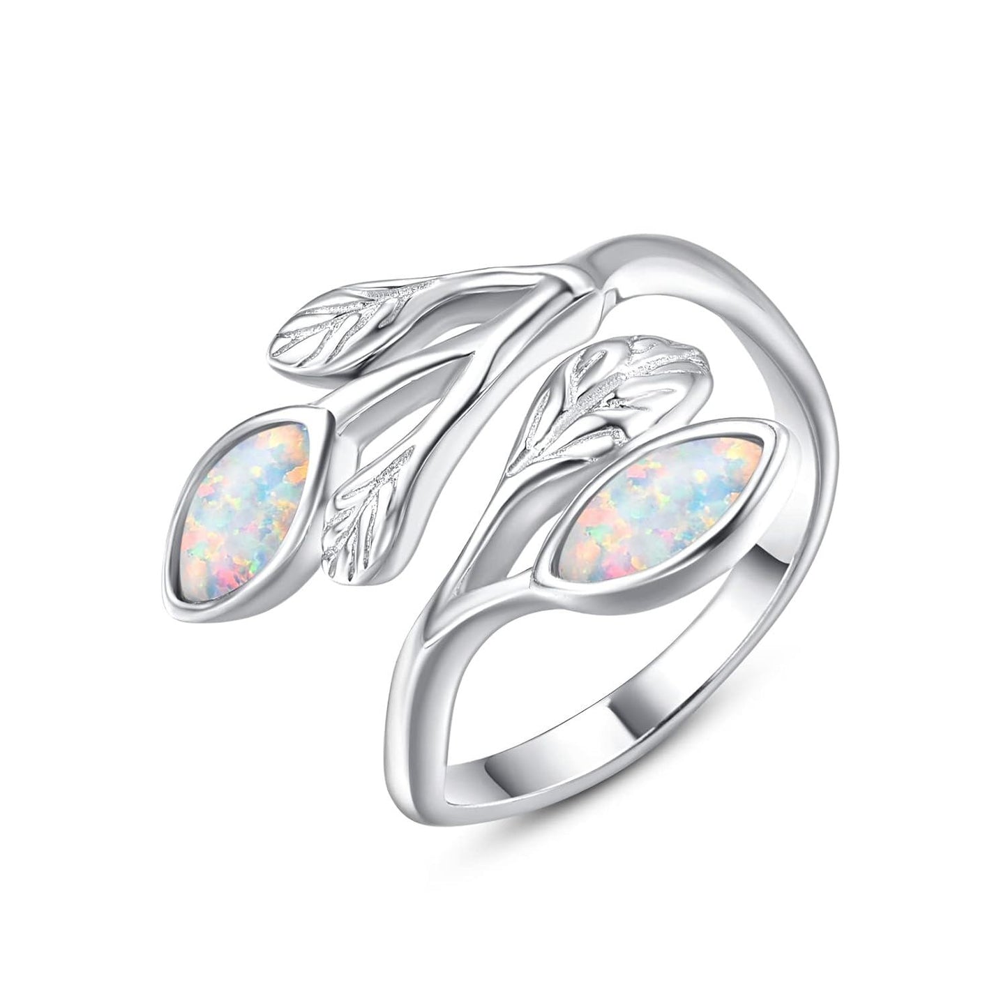 925 Sterling Silver Leaf Ring with Birthstone Adjustable Wrap Promise Engagement Wedding Rings for Women