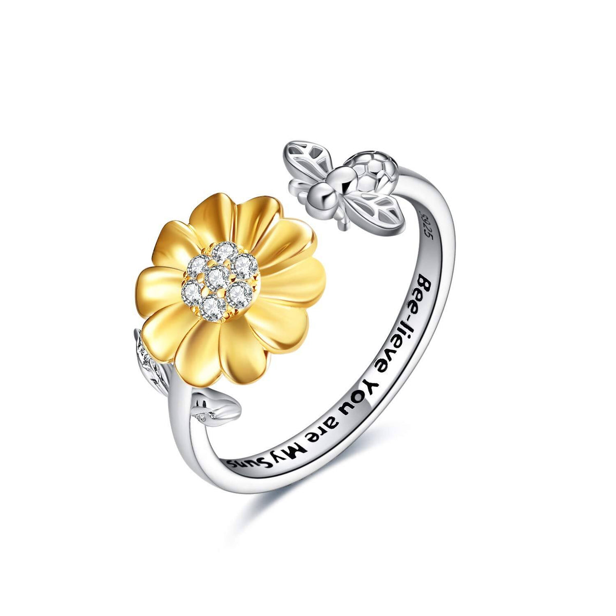 925 Sterling Silver Bee & Sunflower Adjustable Ring