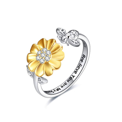 925 Sterling Silver Bee & Sunflower Adjustable Ring
