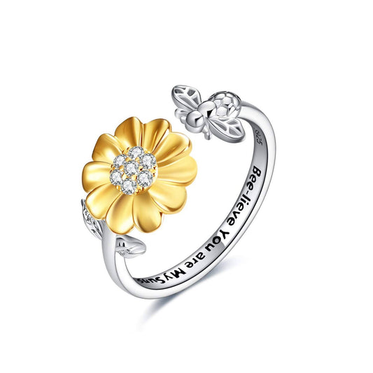 925 Sterling Silver Bee & Sunflower Adjustable Ring