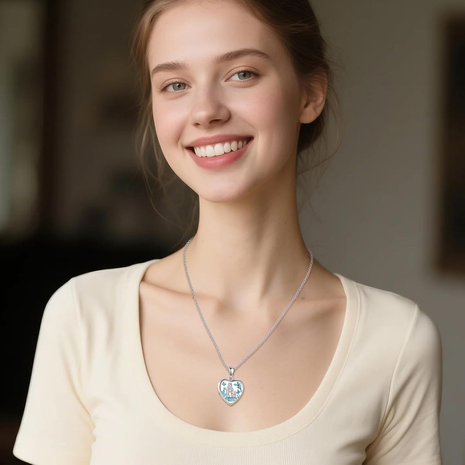 925 Silver Heart Locket Necklace Mermaid Turquoise Women